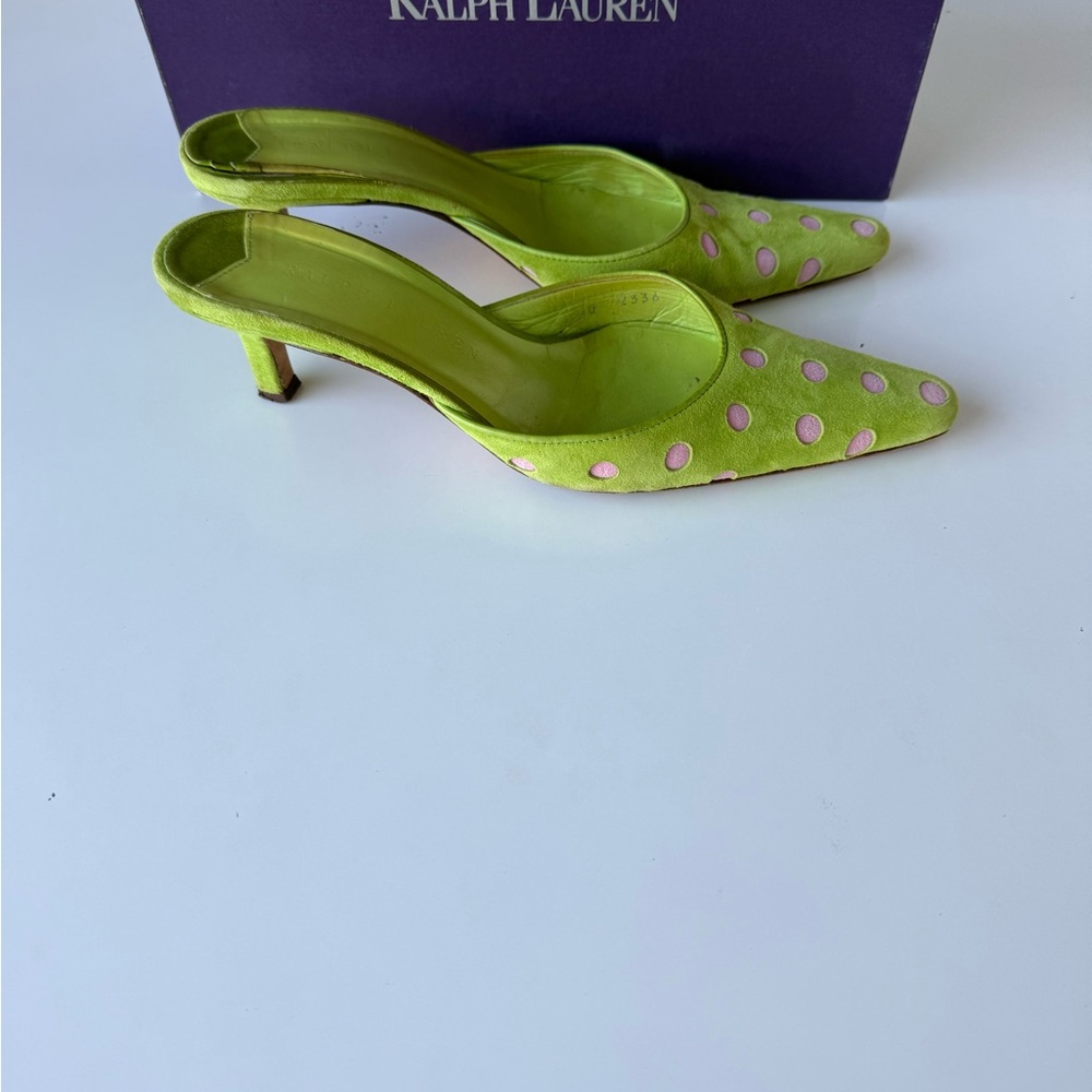 Ralph Lauren Lime Green Mules with Pink Polka Dots size -7 PREOWNED - Picture 3 of 6